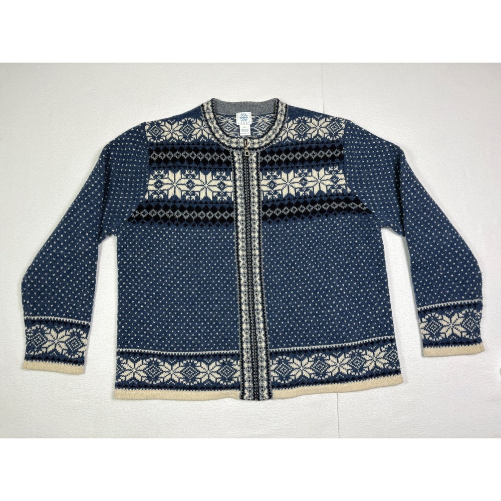 Frost Womens XL Blue Wool Fair Isle Snowflake Full Zip Nordic Cardigan Sweater